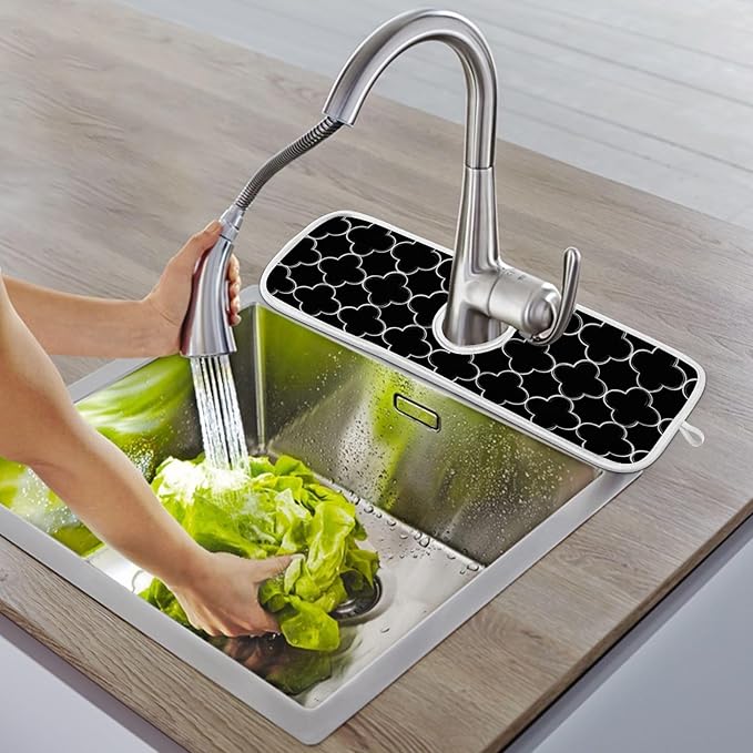2 PCS Kitchen Sink Splash Guard 23.6 Inch Faucet Mat for Kitchen Sink Bathroom Sink Faucet Absorbing Drip Drain Mat Pad Microfiber Soft Washable Grey and Black Quatrefoil