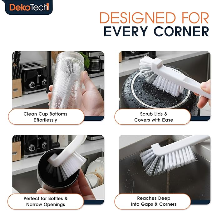 Cleaning Brush for Kitchen and Bathroom – Stiff Bristle Scrub Brush for Bottles, Pots, Pans, Sinks, Edges, Corners, and Tile Grout Lines - Ergonomic Grip & Hanging Design (Pack 2)