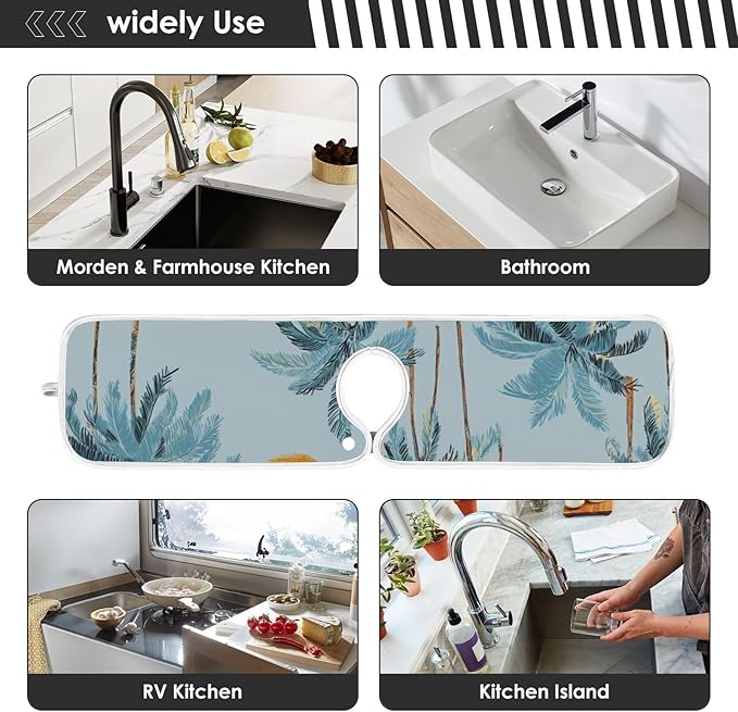 Sink Faucet Absorbing Mat Kitchen Sink Splash Guard Splash Faucet Drip Catcher for Bar RV Bathroom 2PCS 14.9x5.5in Blue Tropical Trees and Sun