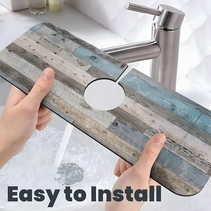 Vintage Rustic Farmhouse Blue Wood Kitchen Sink Splash Guard Faucet Mat 1 Pcs, Absorbent Fast Drying Mat Gadgets Splash Guard For Bathroom 15 X 5.5 Inches