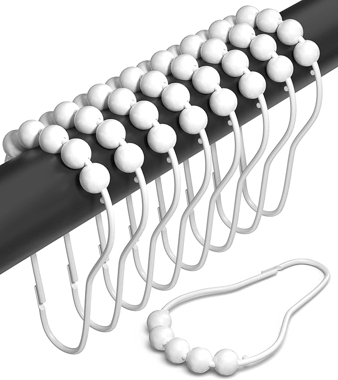 Shower Curtain Hooks Rust Proof (Set of 12) - Stainless Steel Shower Curtain Rings - Anti Slip Roller Balls for Easy Glide (Secure Lock Hooks, White)