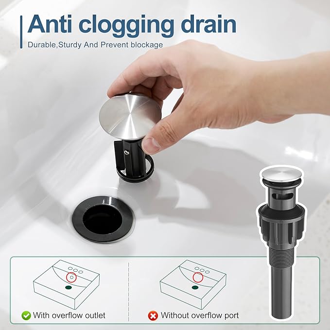 Bathroom Faucets, Brushed Nickel Single Hole Bathroom Sink Faucet Modern Single Handle Vanity Sink Faucet 1 Hole with 3 Hole Deck Plate, Pop Up Drain