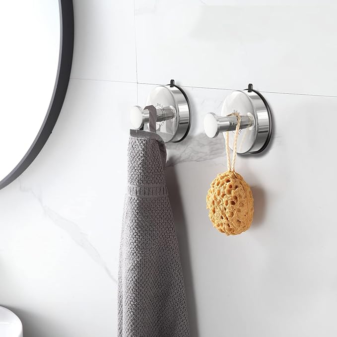 DGYB Suction Cup Hooks for Shower Set of 2 Removable Stainless Steel Towel Hook for Bathroom Glass Window Door Wall and Suction Wreath Hook for Hanging Robe, Loofah, Coat - Chrome