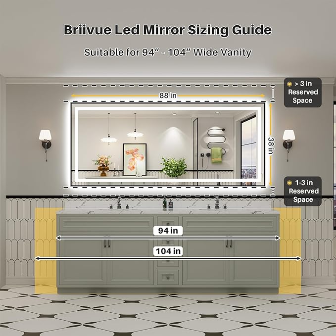 88x38 Inch LED Bathroom Mirror with Black Frame, Backlit & Front Lit, Anti-Fog Lighted Bathroom Vanity Mirror for Wall, Memory Function, Dimmable, HD Tempered Glass, Shatter-Proof