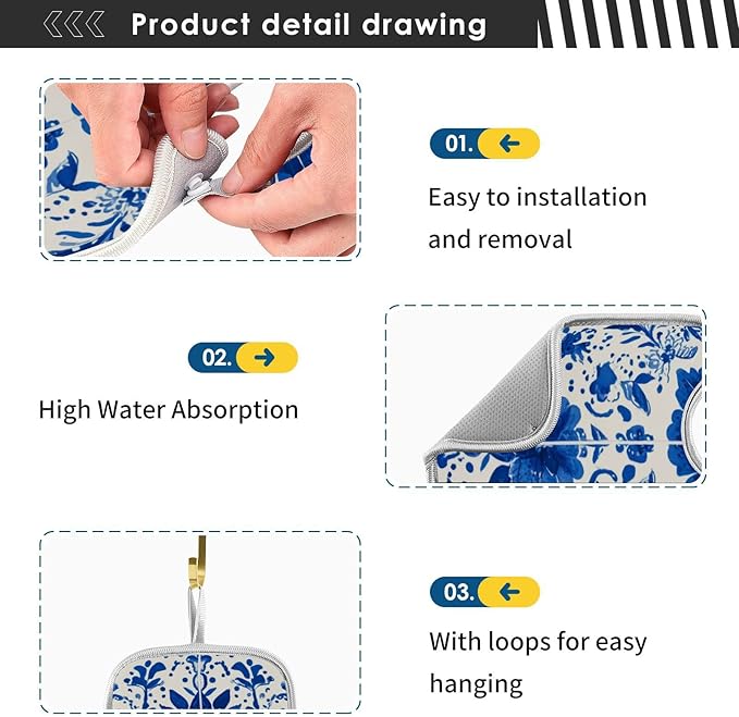 2 PCS Kitchen Sink Splash Guard 14.9 Inch Faucet Mat for Kitchen Sink Bathroom Sink Faucet Absorbing Drip Drain Mat Pad Microfiber Soft Washable Floral Blue and White Tile