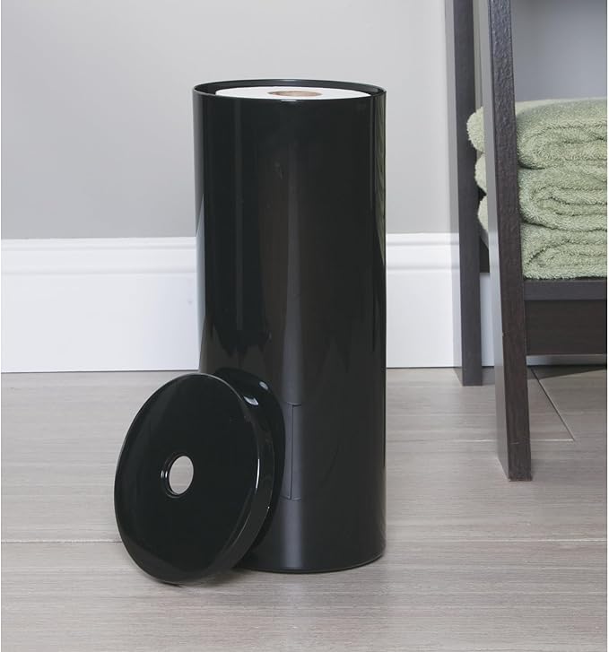 iDesign Freestanding Toilet Paper Canister with Lid for 3 Extra Rolls, Black, Made in USA