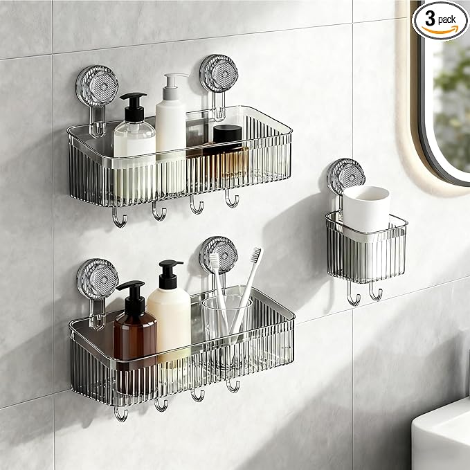 3 Pack Suction Cup Shower Caddy, Black Shower Shelves No Drilling with Movable Hooks & Toothbrush Holder, Wall Storage Shelves for Bathroom, Kitchen