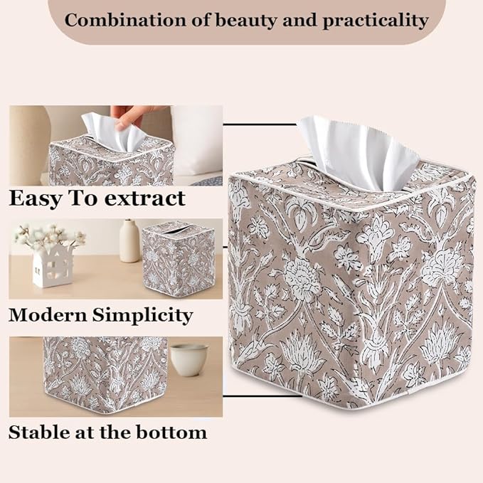 Ridhi Taupe Block Print Tissue Box Cover Handmade Cotton Fabric Decorative Square Napkin Holder for Home Bedroom Living Room Bathroom Vanity Countertop Car Night Stands Office Kitchen