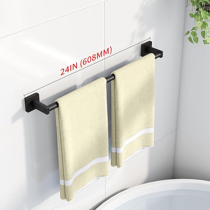 MKO Towel Bar for Bathroom, 24" Hand Towel Holder Rod with Metal, Black Towel Racks for Bathroom Hanger Wall Mounted for Home Essentials, 2 Pack