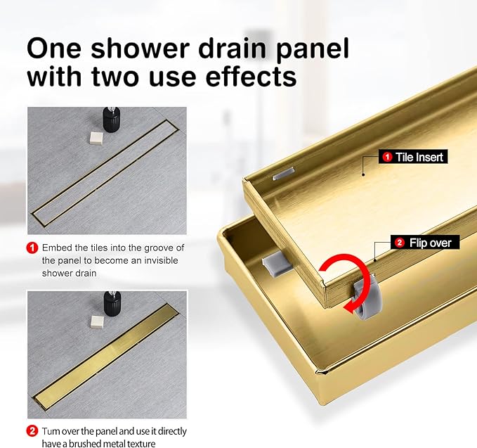 SaniteModar Linear Shower Drain, Gold Shower Drain 48 inch with 2 in 1 Tile Insert & Flat Panel, AISI 304 Stainless Steel Shower Floor Drain with Hair Strainer and Leveling Feet