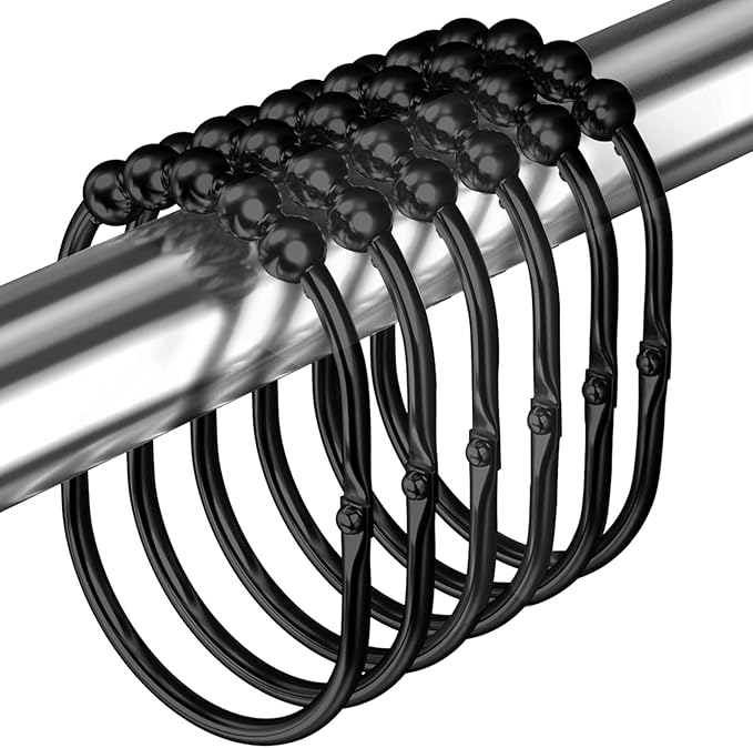 12PCS Wide Shower Curtain Hooks, Rust Proof Stainless Steel Shower Curtain Rings, Heavy Duty Shower Hooks for Shower Curtain Bathroom Curtain Hooks, Easy Glide Rollers, Set of 12, Black