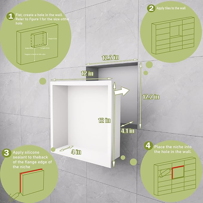 Stainless Steel Shower Niche 12"x12"，Shower Inserts Kit for Bathroom ， Recessed Shower Shelf Organizer for Storage Matte White （12"x12"）