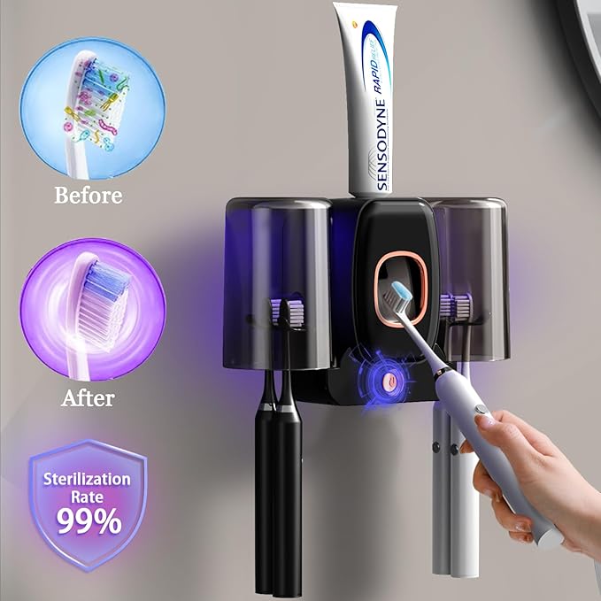 Toothbrush Holders for Bathrooms,Rechargeable Cordless Wall Mounted Tooth Brushing Holder,Electric Toothbrush Holder with 2 Cups,4 Toothbrush Slots,Toothpaste Dispenser (Black)