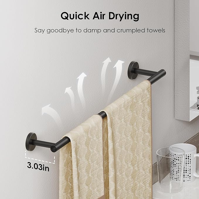 FORIOUS Black Towel Bar for Bathroom Wall, 24 Inch Stainless Steel Towel Racks for Bathroom, Includes Wall Mounting Hardware (Matte Black,Total Length 26-Inch), 2 Pack