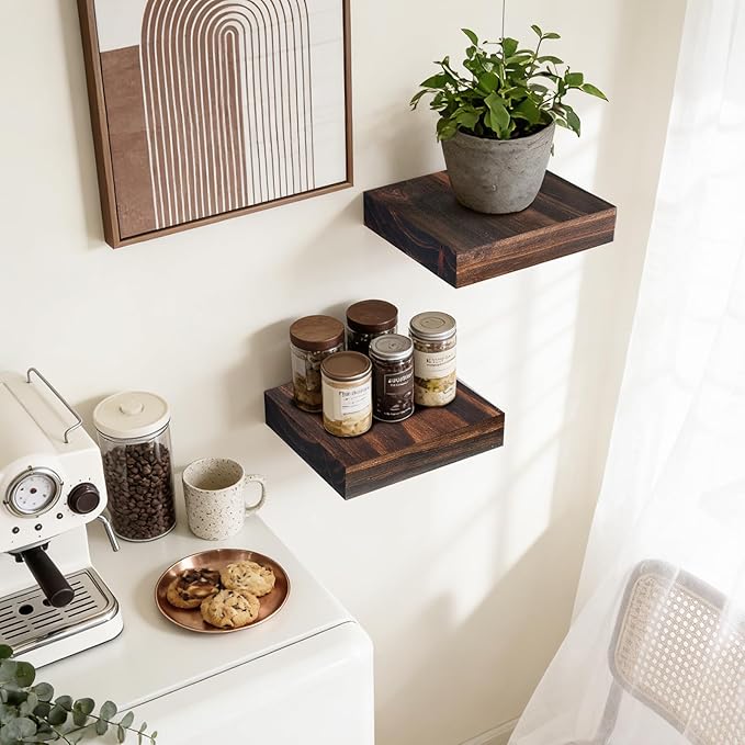Floating Wall Shelves 6.8x6.8x1.7 Inch – Solid Wood Square Shelves in Walnut Finish – Rustic Mini Display Shelves for Entryway, Bathroom, Small Spaces – Set of 2