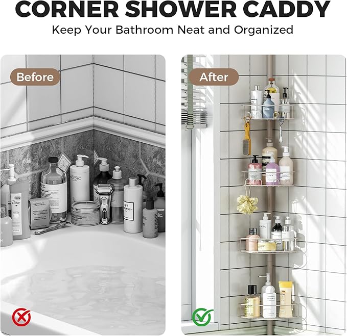 Corner Shower Caddy Tension Pole, 4 Tier Adjustable Bathroom Organizer Shelves, Shower Storage With Hidden Hook & Towel Holder,63.7-119 Inch No-Drill Quick Installation Shower Rack,Sliver