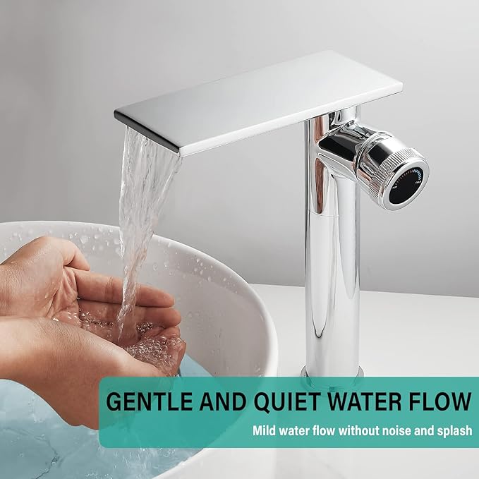 becola Modern Chrome Bathroom Faucet，Tall Waterfall Faucet for Bathroom Sink，Single Hole Cold and Hot Basin Mixer Tap，Single Handle Vanity Faucet with Adjust Knobs and Two Supply Lines