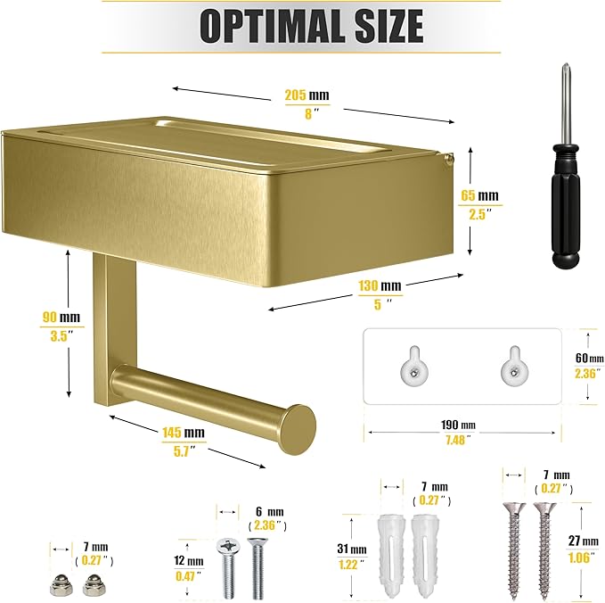 Brushed Gold Toilet Paper Holder Wall Mounted with Shelf & Wipes Storage – Stainless Steel SUS304 Modern Toilet Tissue Roll Holder for Bathroom, Kitchen – Adhesive and Screw Installation