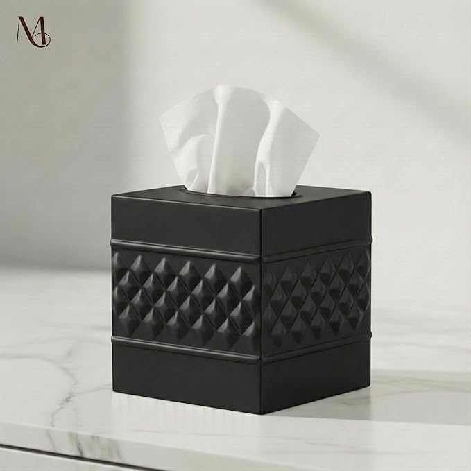 Monarch Abode Tissue Box Cover Square – Handcrafted Geo Embossed Black Metal Tissue Holder Box for Bathroom Accessory, Aesthetic Decorative Facial Napkin Cube for Modern Home Decor