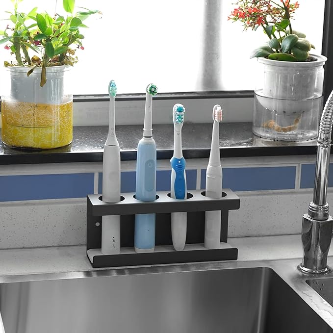 Wall Mounted Electric Toothbrush Holder, 4 Slots Stand with Diatomite Dish, Storage Rack Compatible with AquaSonic Black Series, Kingheroes Sonic, Oral-B (Grey)