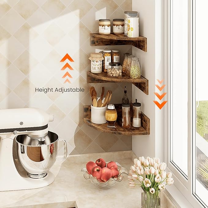 Homode Corner Shelf Wall Mount, Set of 3 Floating Corner Shelves with Cord Hole, 3 Tier Wood Wall Display Shelf, Storage for Bathroom Living Room Kitchen Bedroom, Rustic Brown and Black
