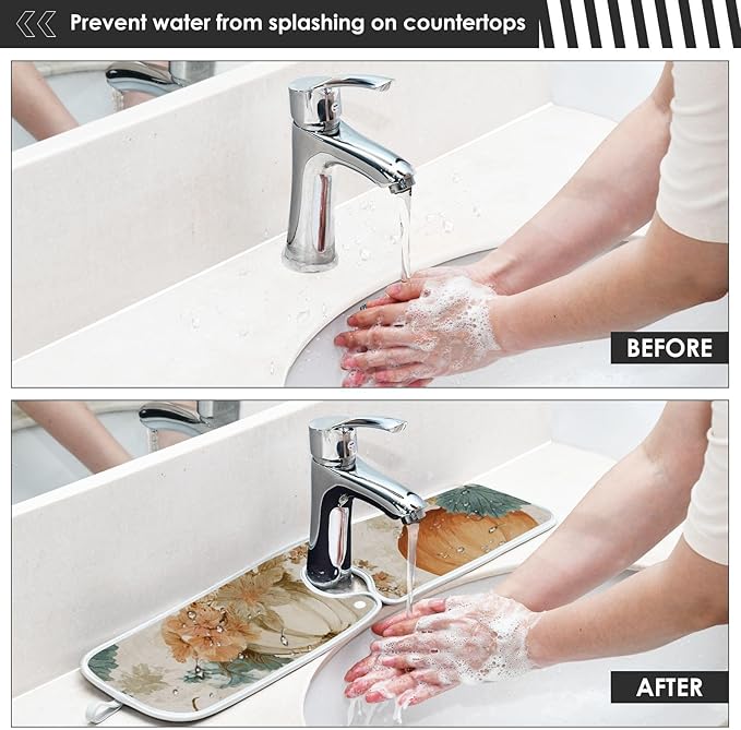 Sink Faucet Absorbing Mat Kitchen Sink Splash Guard Splash Faucet Drip Catcher for Bar RV Bathroom 14.9x5.5in Orange Thanksgiving Vintage Pumpkin