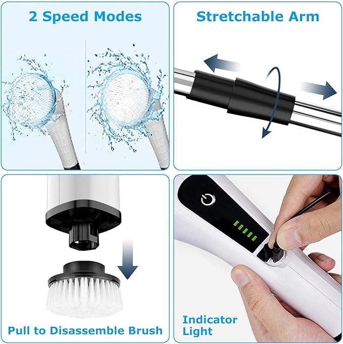 KOCASO Electric Spin Scrubber with 8 Replaceable Brush Heads Cordless Telescopic Electric Cleaning Brush Powerful 2 Speed Adjustable Extension for Bathroom,Kitchen, Floor,Tile, Car, White