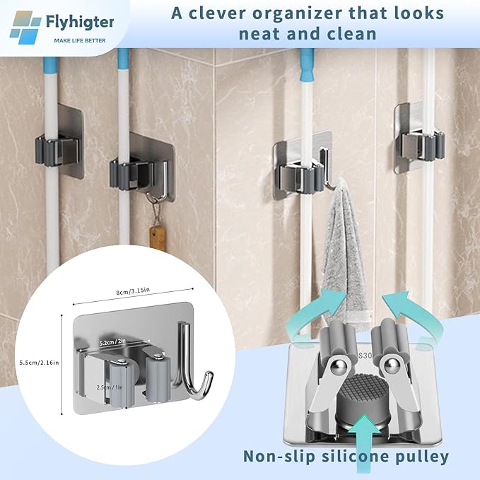 10 Pack Heavy Duty Mop and Broom Holder Wall Mount, No Drill Self Adhesive Stainless Steel Hanger with Hooks, Anti-Slip Tool Organizer for Bathroom, Kitchen, Garage, Laundry Room (10, Silver)