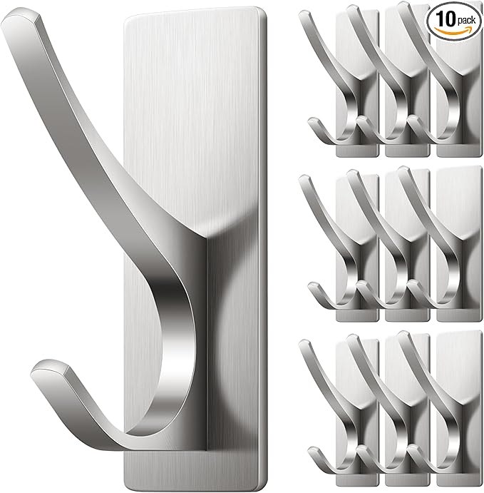 10 Pack Self Adhesive Towel Hooks: Extra Strong 13LB, Stainless Hook for Hanging Loofah, Towels, Coat, Bath Robe Bathroom Shower, Brushed Nickel