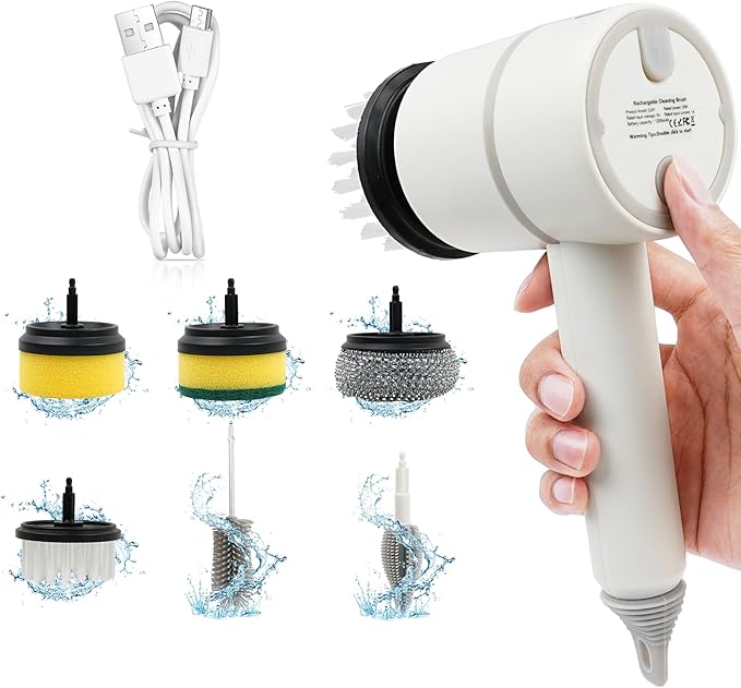 ASkinds Electric Spin Scrubber, 360 Rotating Cordless and Handheld Bathroom Scrubber with 6 Replaceable Cleaning Brush Heads for Cleaning Kitchen, Tile, Tub Floor, Sink, Window and Stove(White)