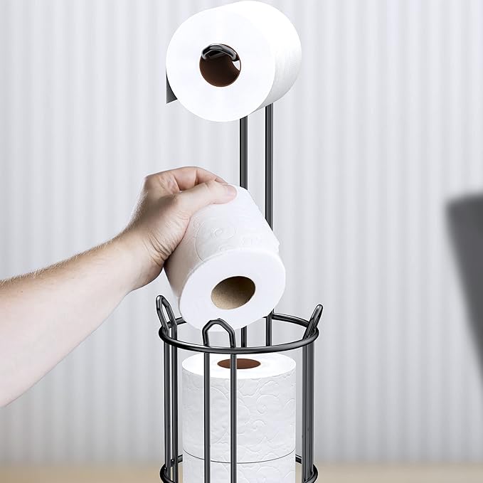 Meangood Freestanding Toilet Paper Holder Stand and Tissue Paper Roll Dispenser, Bathromm Storage Organization-Holds 4 Rolls -Metal Wire Black