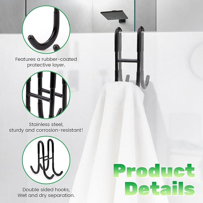 2 Pack Double-Sided Towel Hooks for Shower Door, 304 Stainless Steel, Over Bathroom Frameless Glass Door Rack Hooks for Loofah Robe Shaver, Black
