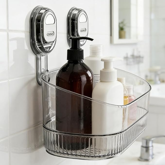 No-Drill Bathroom Suction Cup Storage Shelf - Waterproof Large Capacity Organizer Rack with Strong Suction & Easy Installation for Shower, Toilet, Vanity, Countertop (Clear)