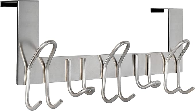 SKOLOO Over The Door Hooks - for Doors up to 1-3/4'' Thickness, Metal Door Hanger with 11 Hooks, Over The Door Hanger for Coats, Hats,Towels, Silver