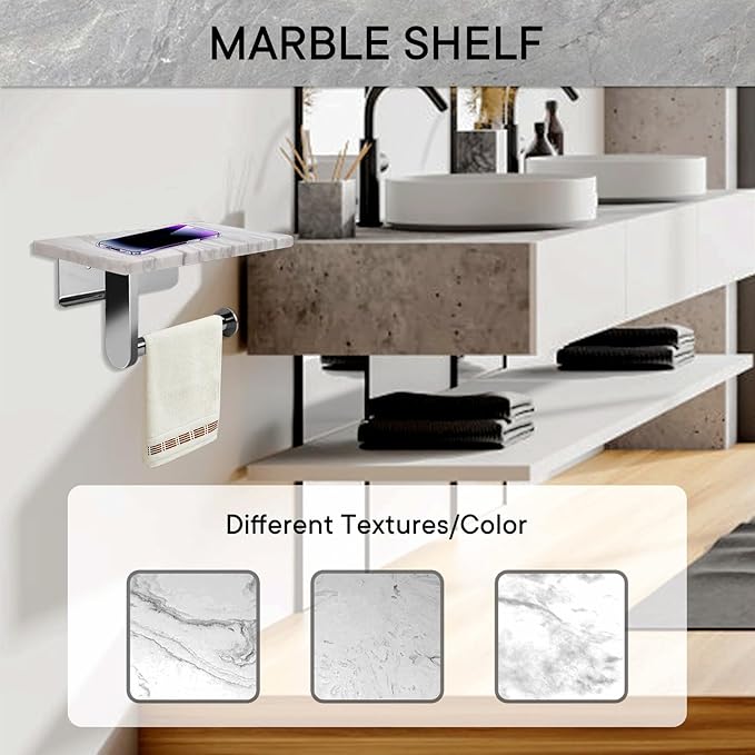 Toilet Paper Holder with Natural Marble Shelf for Bathroom Washroom,Wall Mounted Tissue Holder Suitable for Mega Roll (Brushed Nickel, Middle 7.87 * 4.72 in)