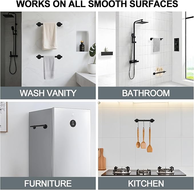 9 Inch 304 SL Matte Black Towel Racks for Bathroom and Kitchen - 3M Adhesive Cabinet Towel Holder, Small Bathroom Decor, Essential Black Bathroom Accessories