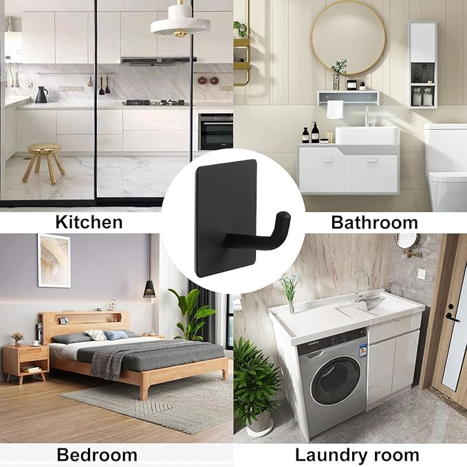 Bath Towel Hooks - 6 Pack Strong Self Adhesive Coat/Clothes Hooks, No Drilling Sticky Hooks, Heavy Duty 304 Stainless Steel Shower Wall Hook for Bathroom Kitchen Bedroom(Matte Black)