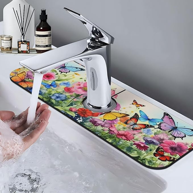 Butterfly Floral Garden 15" X 5.5" Kitchen Sink Splash Guard, Faucet Guard Draining Mat, Faucet Suction Pad For Kitchen Bathroom