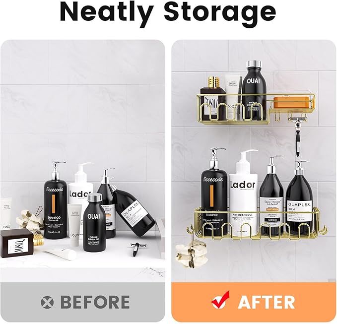 Adhesive Shower Caddy: 2 Bonus Hooks, 4-Pack Wall Mounted Bathroom Storage Shelf, Rustproof Metal Basket Organizer for Kitchen & Bathroom Drill Free Gold