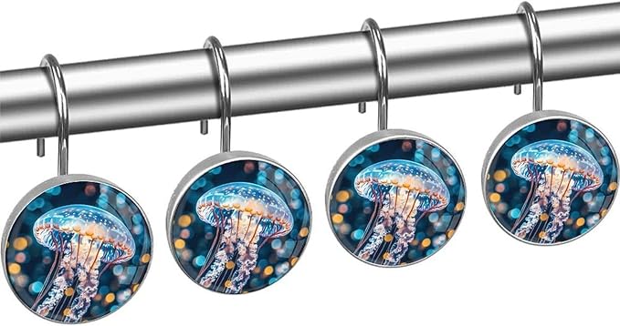 Jellyfish Decorative Shower Curtain Hooks,12 Pcs Rust Proof Glass Surface Stainless Steel Curtain Rings for Bathroom Bedroom Living Room Shower Rods Decor