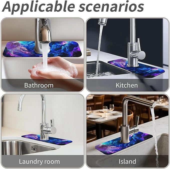 Kitchen Sink Splash Guard，Dark blue purple clouds Faucet Mat Sink Gadgets-Super Absorbent Fast Drying Mat Drip Catcher for Kitchen, Bathroom,Sink Mat, Dish Drying Mat, Bathroom(15" X 5.5" )