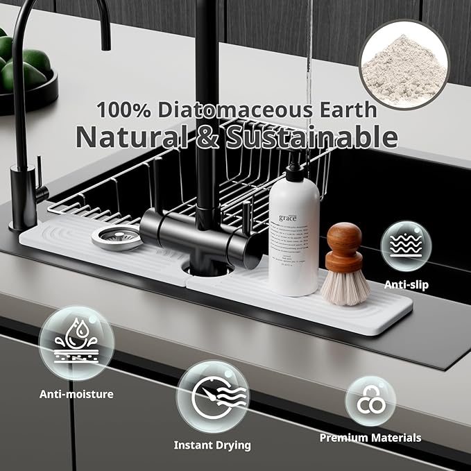 Faucet Mat for Kitchen Sink - 15.8" Super Absorbent Diatomite Stone Sink Tray - Quick Drying Stone Mat for Sink Area Splash Guard - White