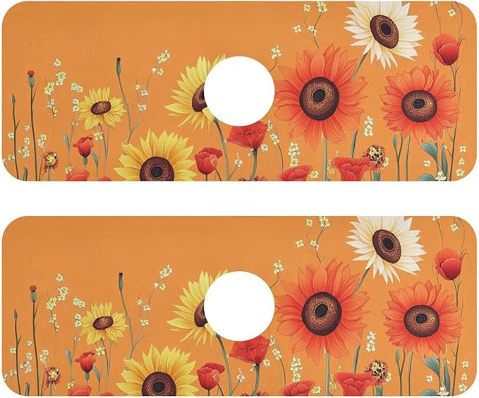 Cartoon Orange Sunflowers Poppy Kitchen Sink Splash Guard Faucet Mat Diatomite Absorbent Pad for Bathroom RV 14.7x5.4in 1PCS water