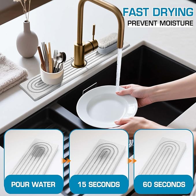 White Diatomite Faucet Mat,Fast-Drying Stone Sink Tray&Splash Guard for Kitchen & Bathroom Sink | Ultra Absorbent Diatomite Countertop Protector(Rectangle,15.7" x 4")