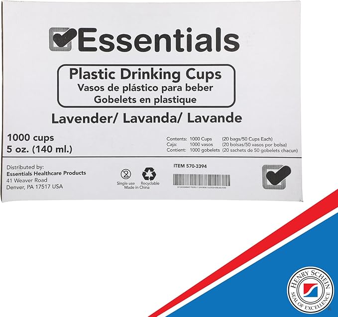 Essentials Healthcare Products Plastic Drinking Cups - Full Case of 1000 Cups - Lavender 5 oz Disoposable Cups for Cold Beverages, Parties, Office, or Medical Use - Durable & Convenient