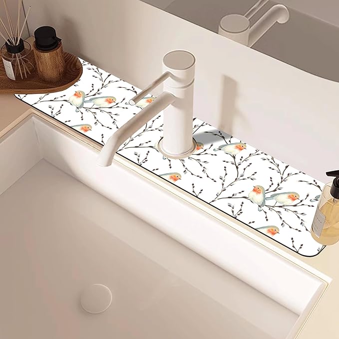 Willow Branches and Robin Dish Drying Mat for Kitchen Sink Splash Guard Behind Faucet Sink Mat Absorbent Fast Drying Faucet Draining Mat for Bathroom Kitchen 5.5"×24"