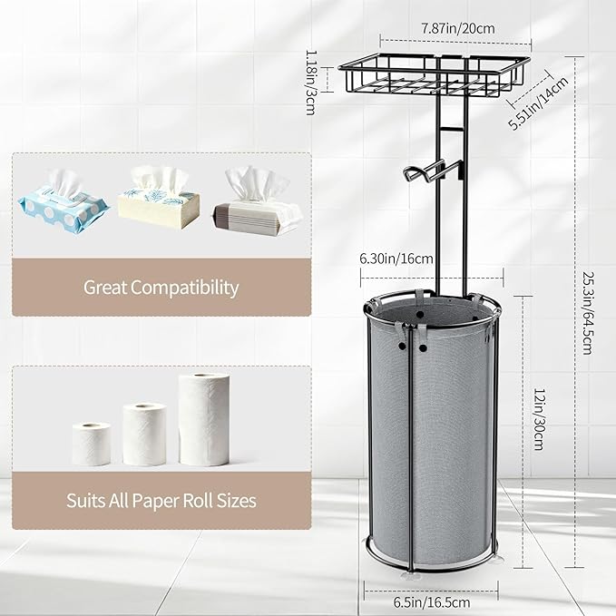 Lewondr Free Standing Toilet Paper Holder, Toilet Paper Holder with Shelf, Bathroom Tissue Roll Storage Rack with Storage Bag for 3 Rolls of Tissue, Gray