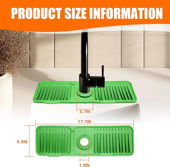 17.7" Green Button Style Faucet Drip Catcher – Silicone Faucet Mat for Kitchen Sink, Leak-Proof Splash Guard with 6° Slope | Behind Faucet Draining Mat Easy Gadgets for Bathroom Kitchen Countertops