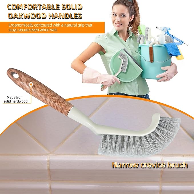 5-Pack Heavy Duty Scrub Brushes Set with Wooden Handles - Multi-Surface Cleaning for Kitchen, Bathroom, Tile & Grout Includes Spherical, Triangle, Square & Dish Brush for Tough Stains