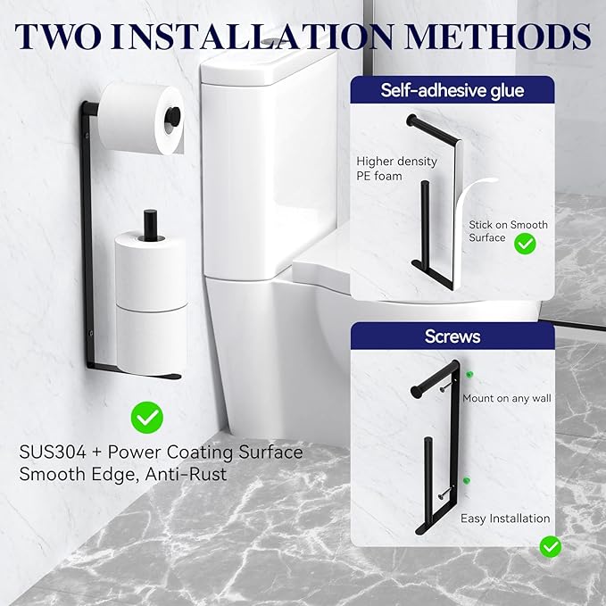 Longzon Matte Black Toilet Paper Holder Wall Mount, Self Adhesive Toilet Paper Holder Storage for 3 Roll Tissue, Premium 304 Stainless Steel Stick On Toilet Paper Roll Holder for Bathroom, Black